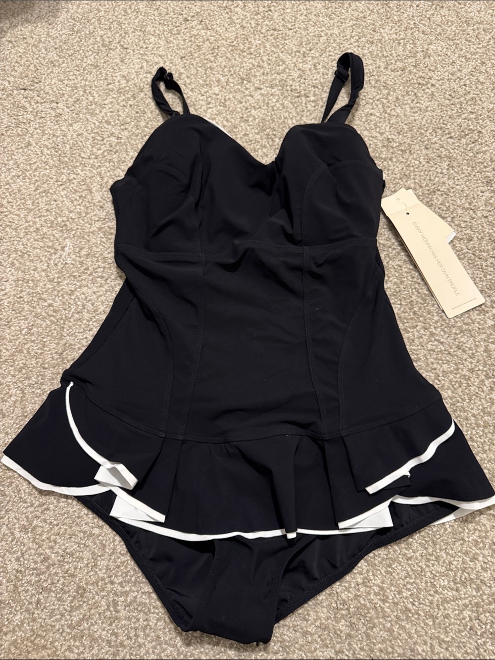 NWT Profile By Gottex Black One-Piece Swimdress with White Trim